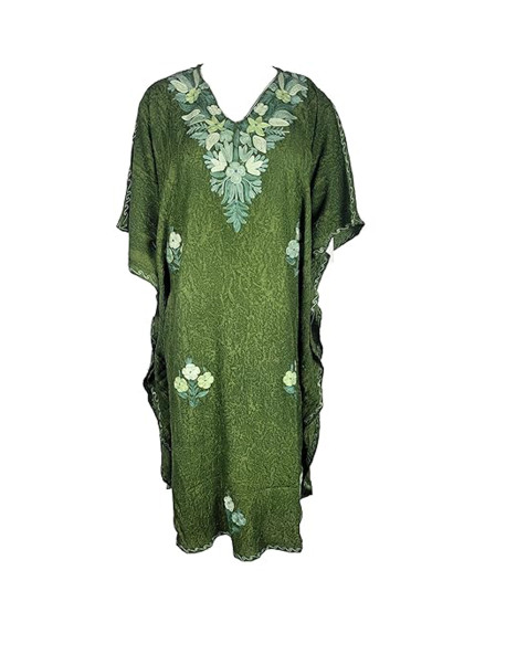 Aari Work Kashmiri Kaftan, V-Neck, Green Cotton, Loose Fit Large Size