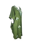 Aari Work Kashmiri Kaftan, V-Neck, Green Cotton, Loose Fit Large Size